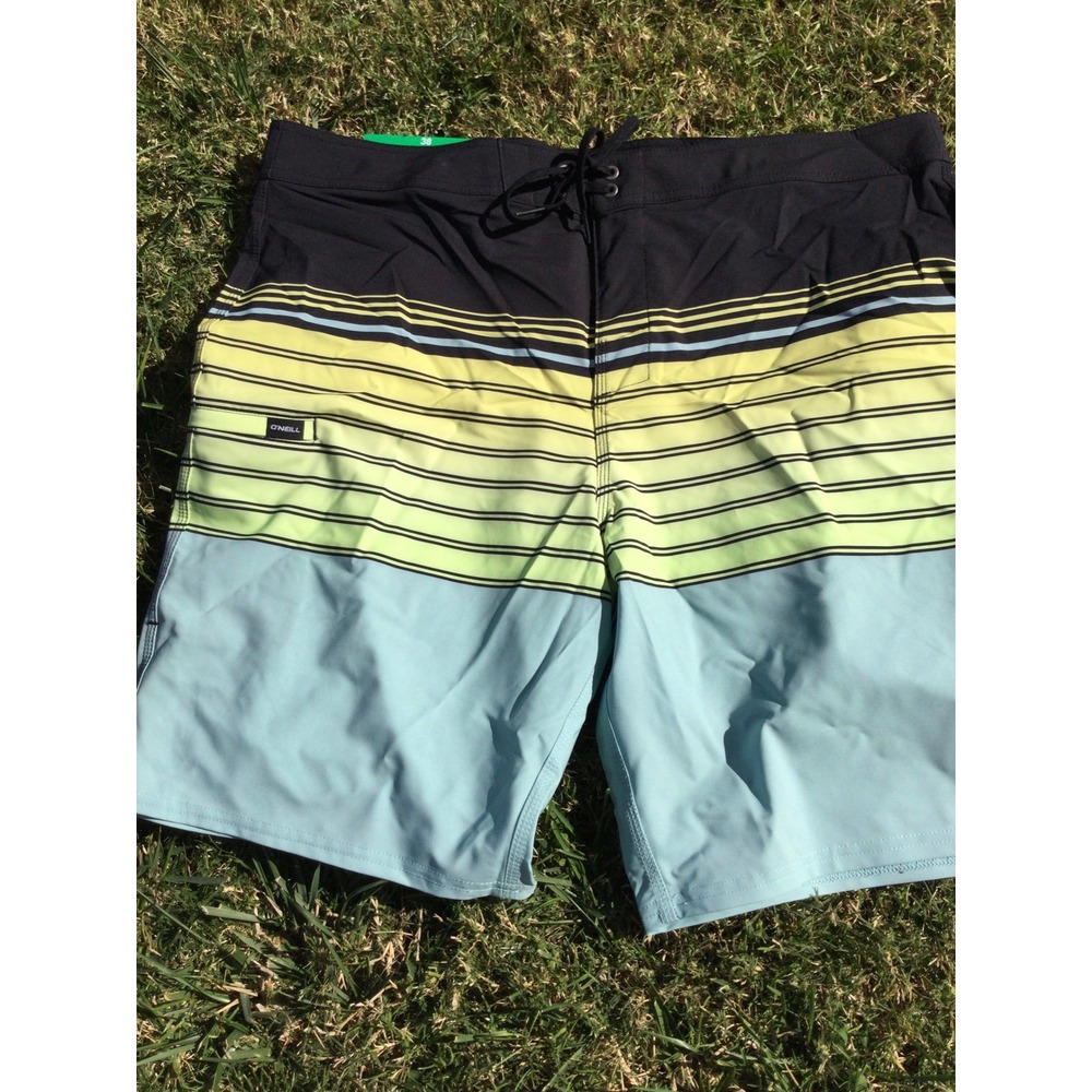 O'Neill Boardshort Men's Swim Trunks‎ Shorts Black Yellow Blue Stripes size 34